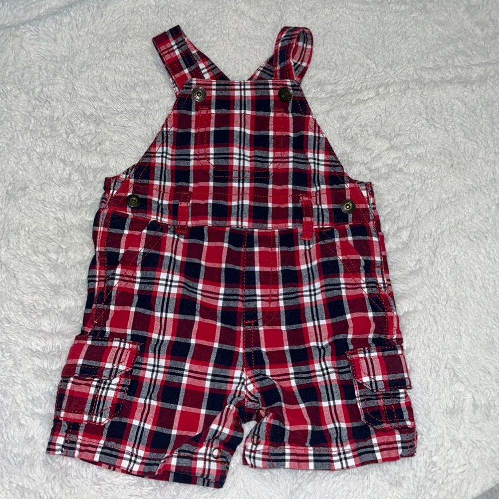Gymboree red 3-6 month shorts plaid overalls